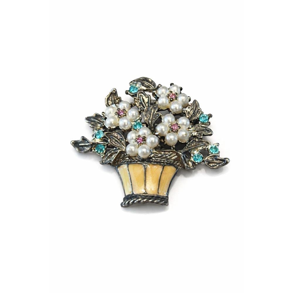 Vintage‎ Floral Basket Brooch Faux Pearl Rhinestone Flower Bouquet Pin